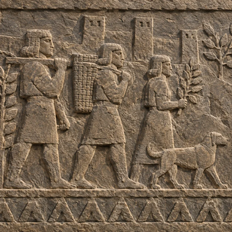 Hittite Orthostat Relief: Massive shallow stone relief, squared silhouettes, coarse weathered planes and processional rhythm.