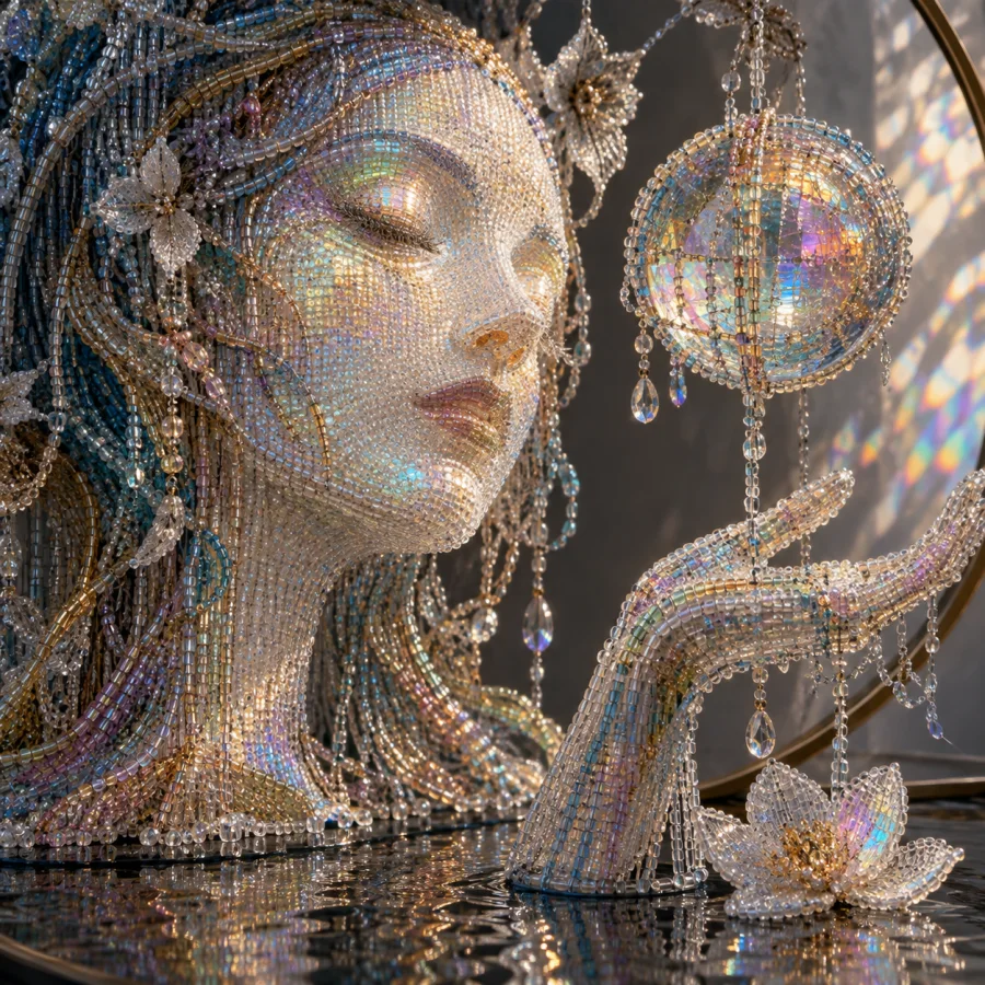 Holographic Bead Loom: Tiny translucent beads woven into shimmering interference patterns, visible thread paths and layered spectral depth.