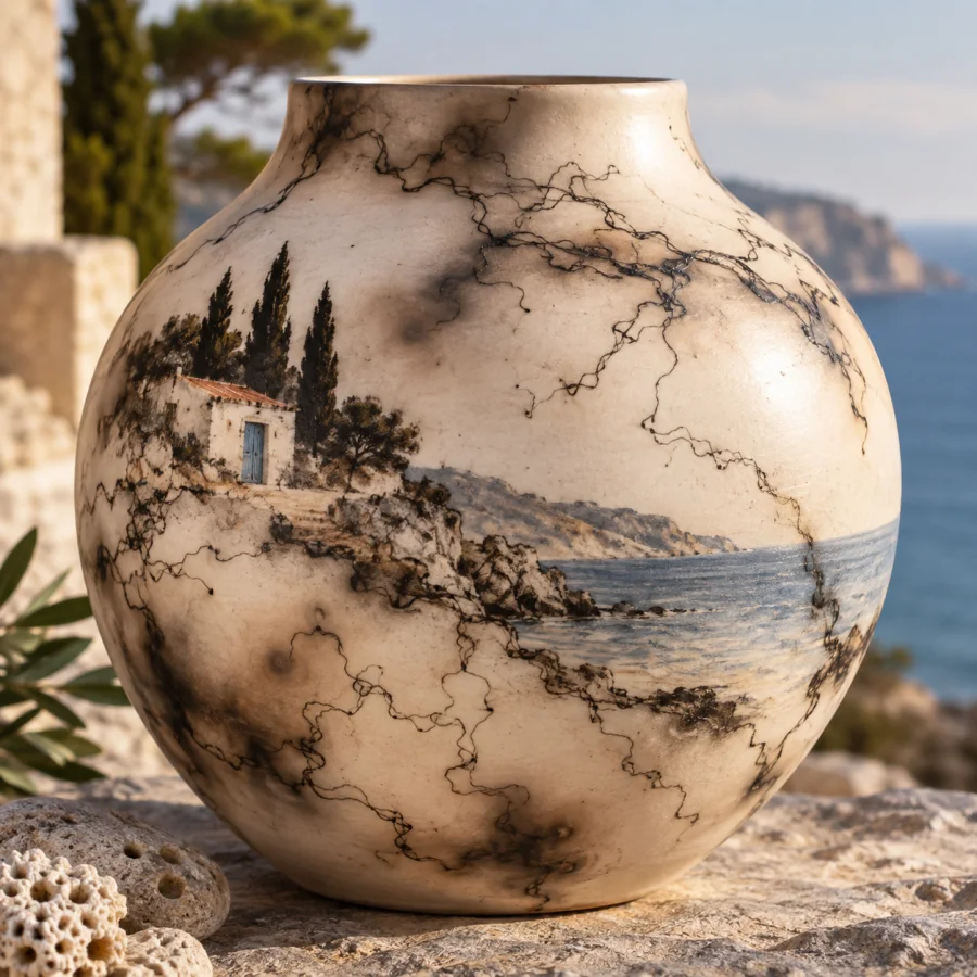Horsehair Pottery: Fine carbon trails on pale ceramic