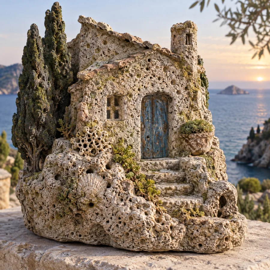 Hypertufa Sculpture: Porous stone-like forms with organic cavities