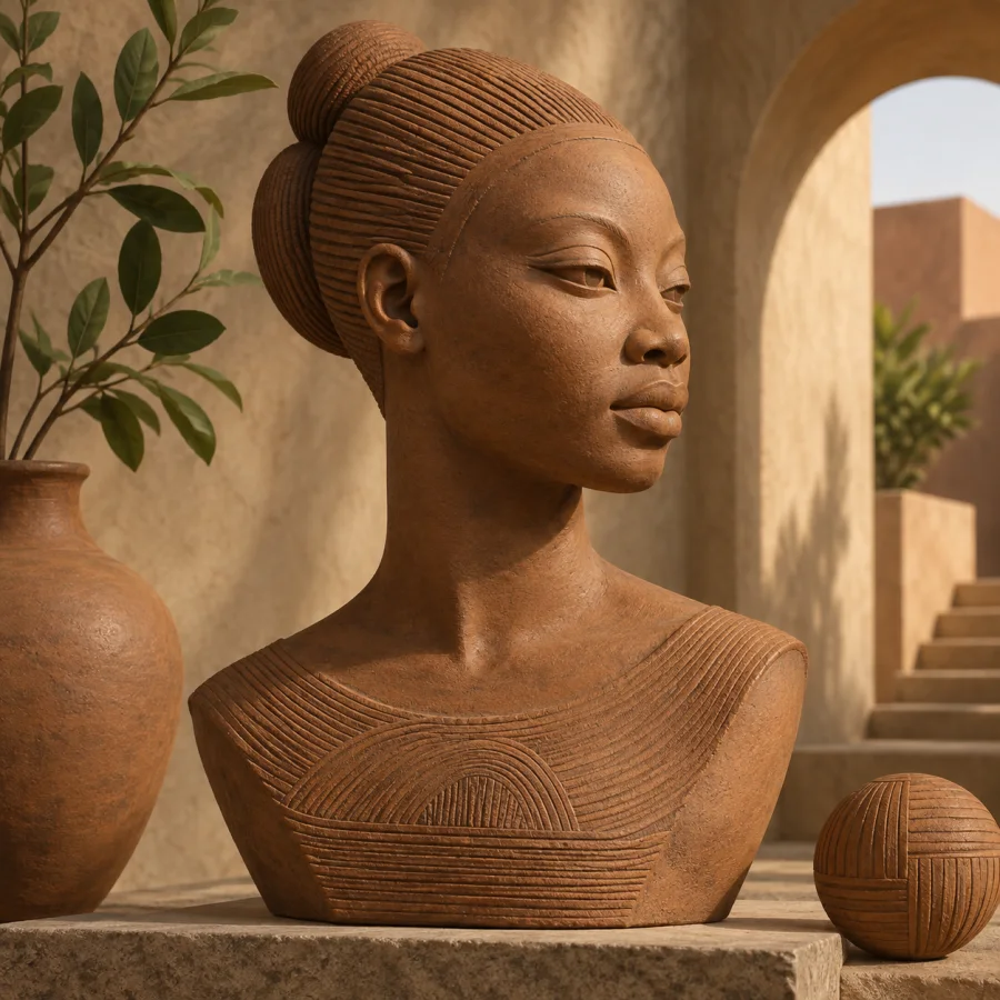Ife-Inspired Terracotta Modeling: Refined naturalistic terracotta surfaces, fine incised striations and calm carefully balanced modeled volumes.