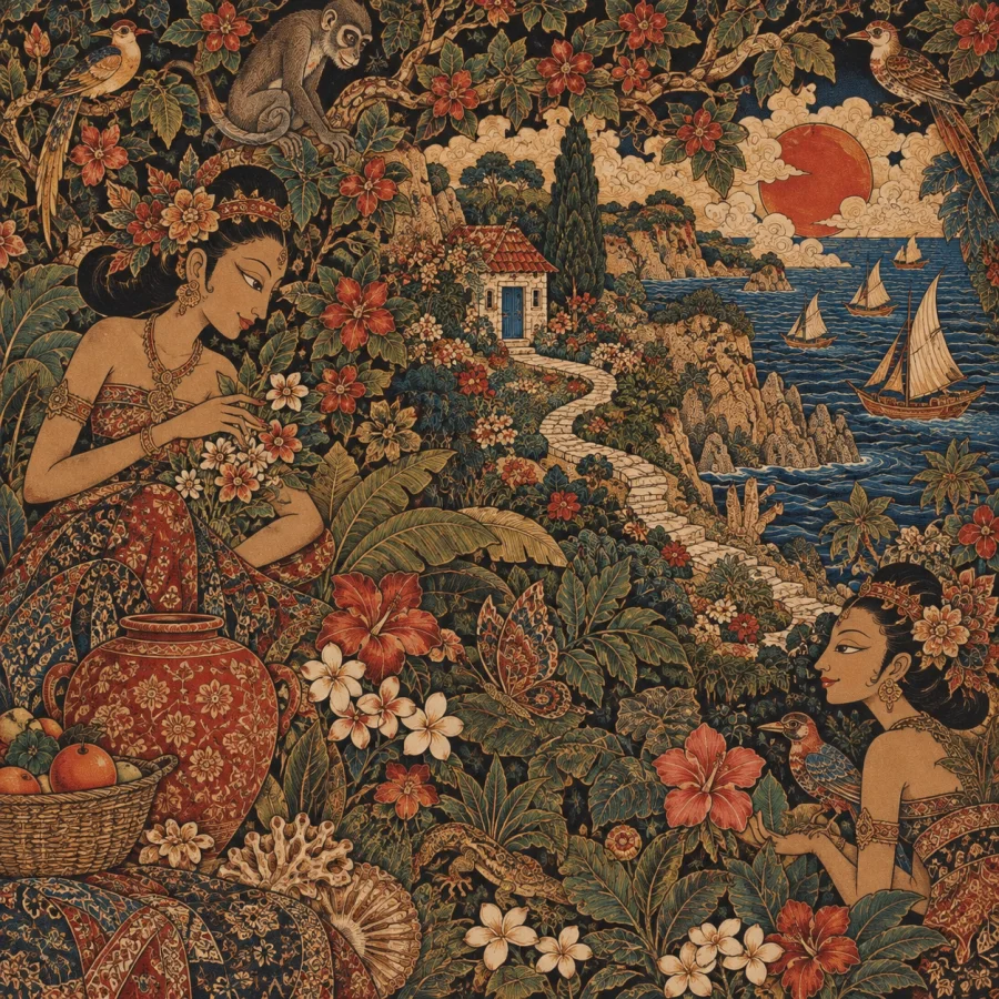Indonesian Batuan Painting: Dense interlocking detail and tonal depth