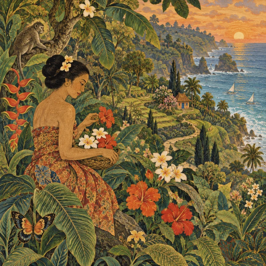 Indonesian Ubud Painting: Luminous landscape and rhythmic daily life
