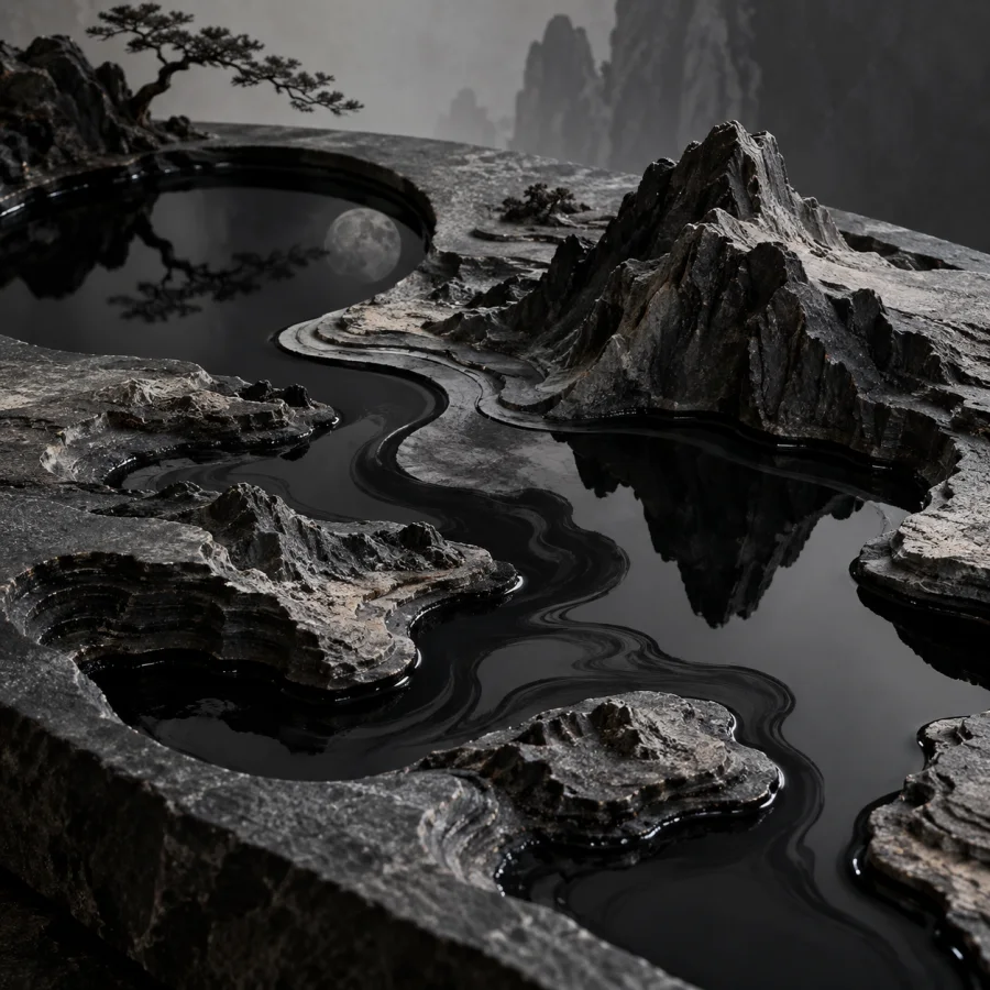 Inkstone Topography: Dark wet ink pools on carved slate terrain, reflective channels, dry mineral ridges and subtle gray gradients.