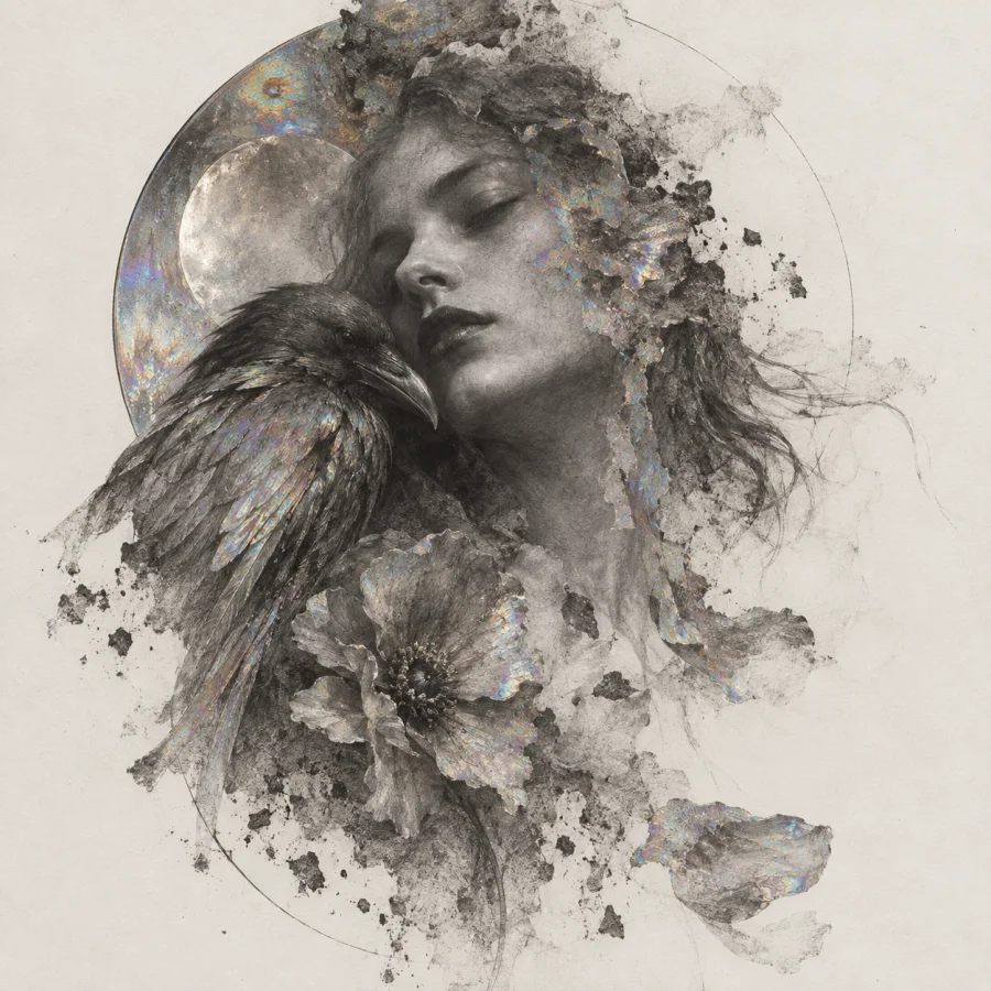 Iridescent Ash Drawing: Soft ash-gray powder marks with subtle shifting oil-slick glints, fragile erased edges and empty paper.