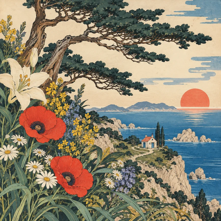 Japanese Kacho-e: Bird-and-flower detail with elegant printed color