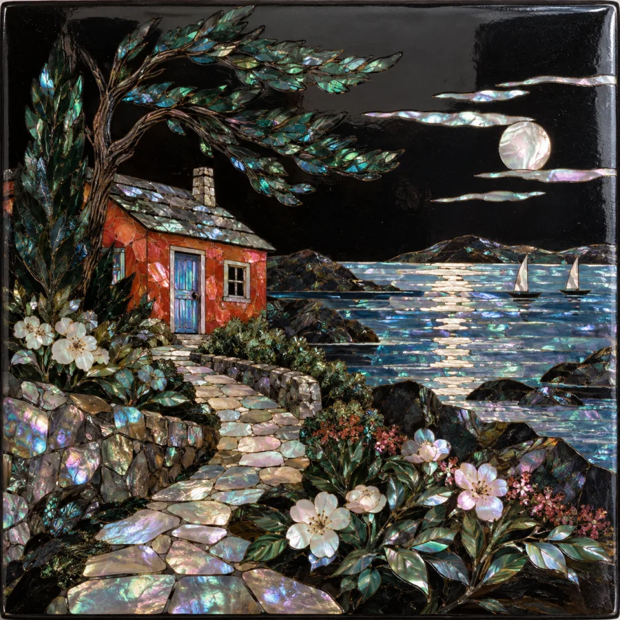 Japanese Raden Inlay: Cut shell fragments reflecting spectral color