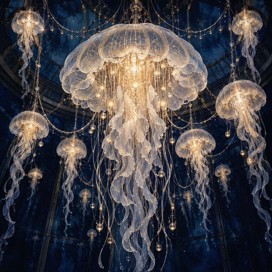 Jellyfish Chandelier Drawing: Fine translucent ink lines describing floating bell forms and filament lights against deep indigo.