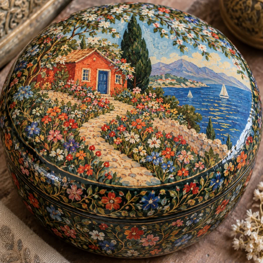 Kashmiri Papier-Mache Painting: Miniature floral ornament on molded paper