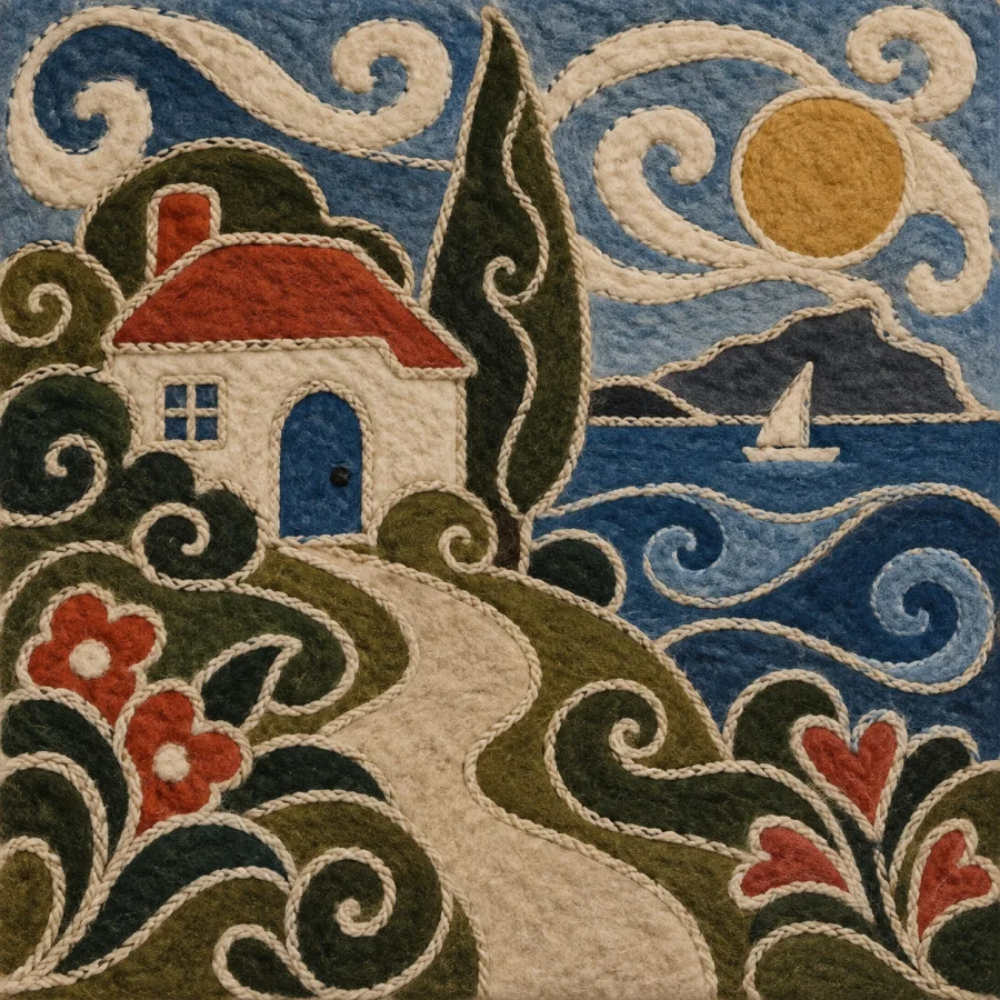 Kazakh Syrmak Felt: Flowing cut-felt curves outlined by cord