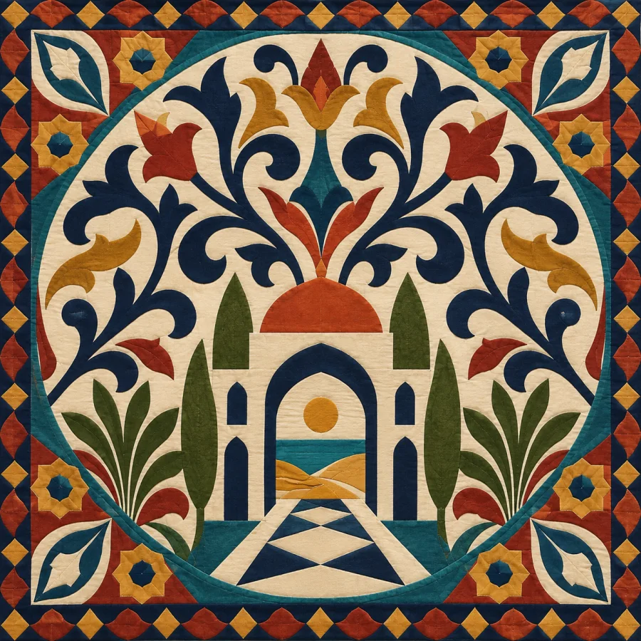 Khayamiya Applique: Crisply cut colored cotton shapes appliqued into radiating arabesques and geometric tent-panel compositions.