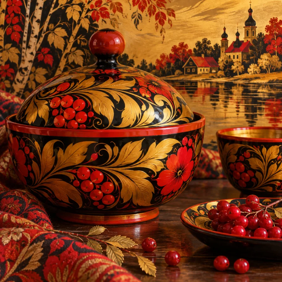 Khokhloma Painting: Vivid red-black botanical scrolls over warm gold, sweeping brush rhythms and lacquered wooden surfaces.