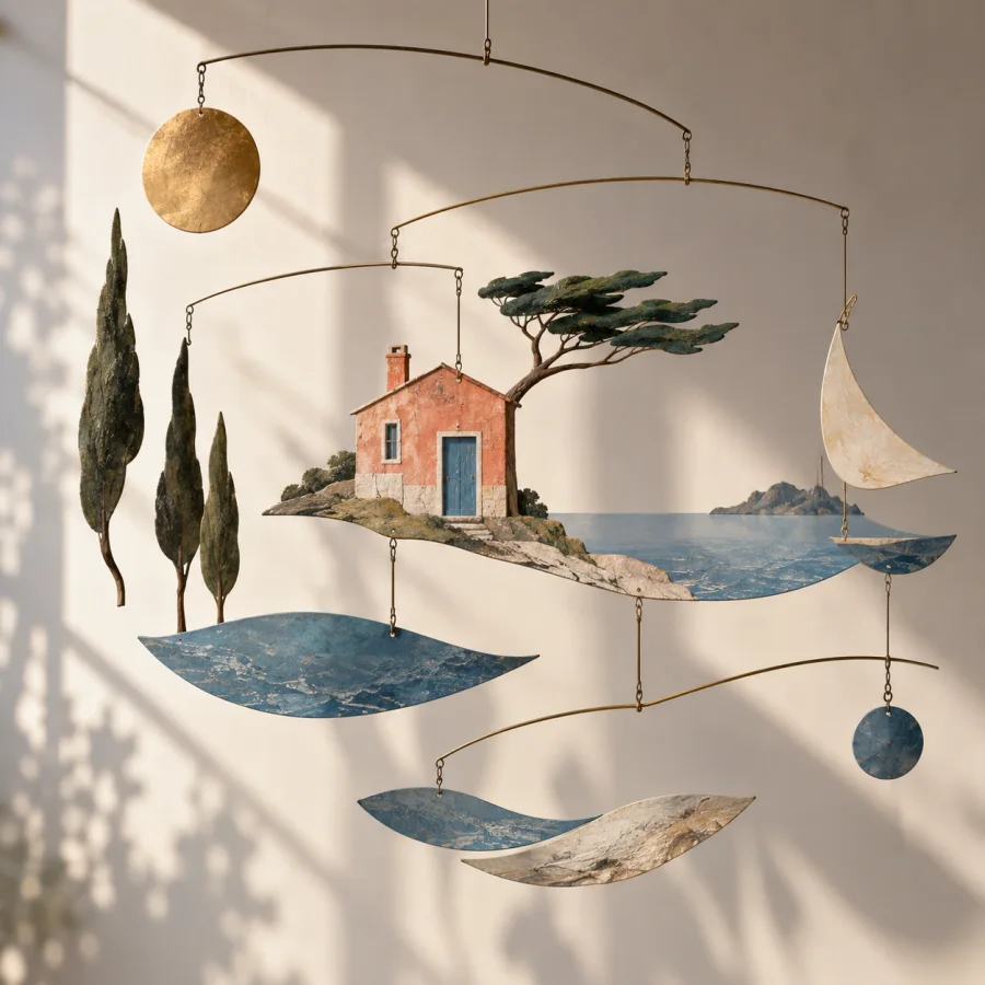 Kinetic Mobile Sculpture: Balanced forms suspended in open space
