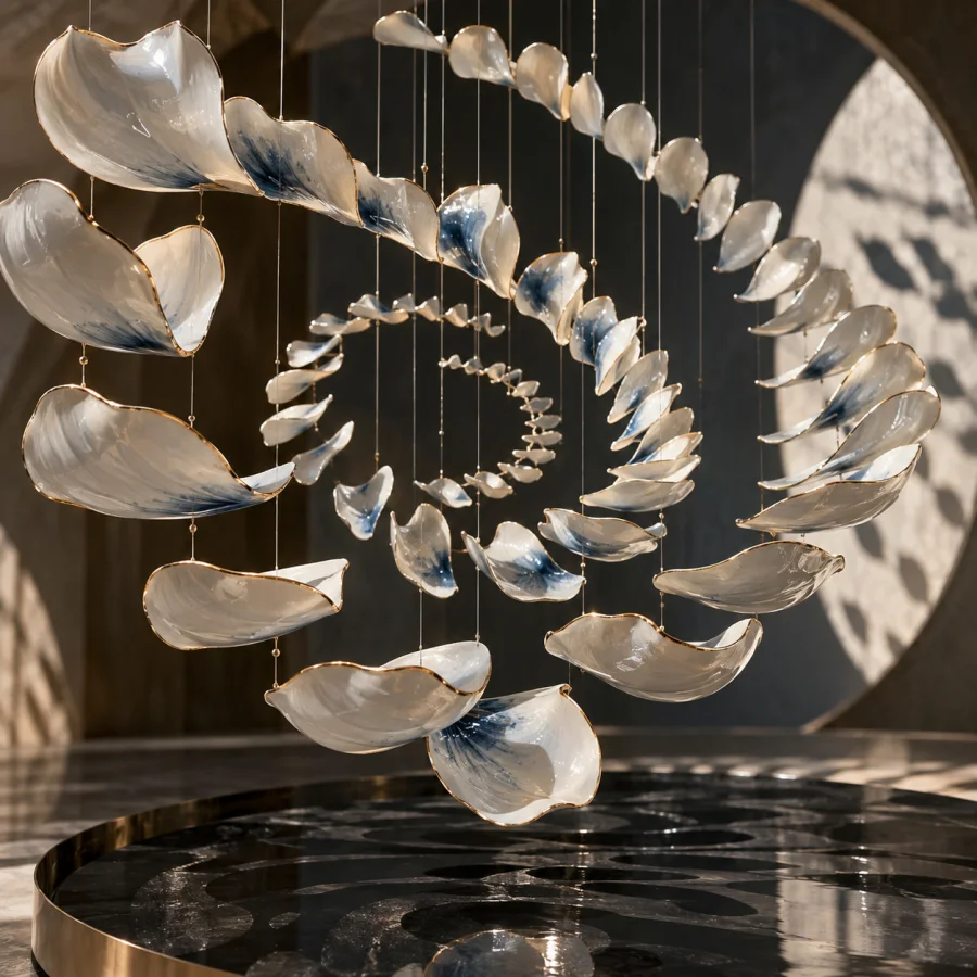 Kinetic Porcelain Petals: Thin glazed ceramic petals arranged into a suspended motion study, repeated arcs and alternating glossy shadows.