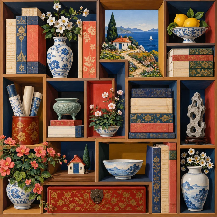 Korean Chaekgeori: Objects stacked in illusionistic painted shelves