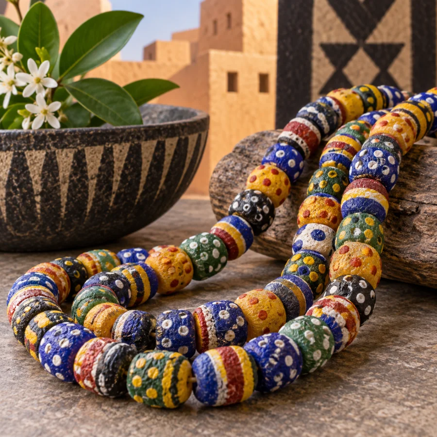 Krobo Recycled-Glass Beadwork: Powder-glass beads with softly granular surfaces, vibrant dotted patterns and rhythmic assembled strands.