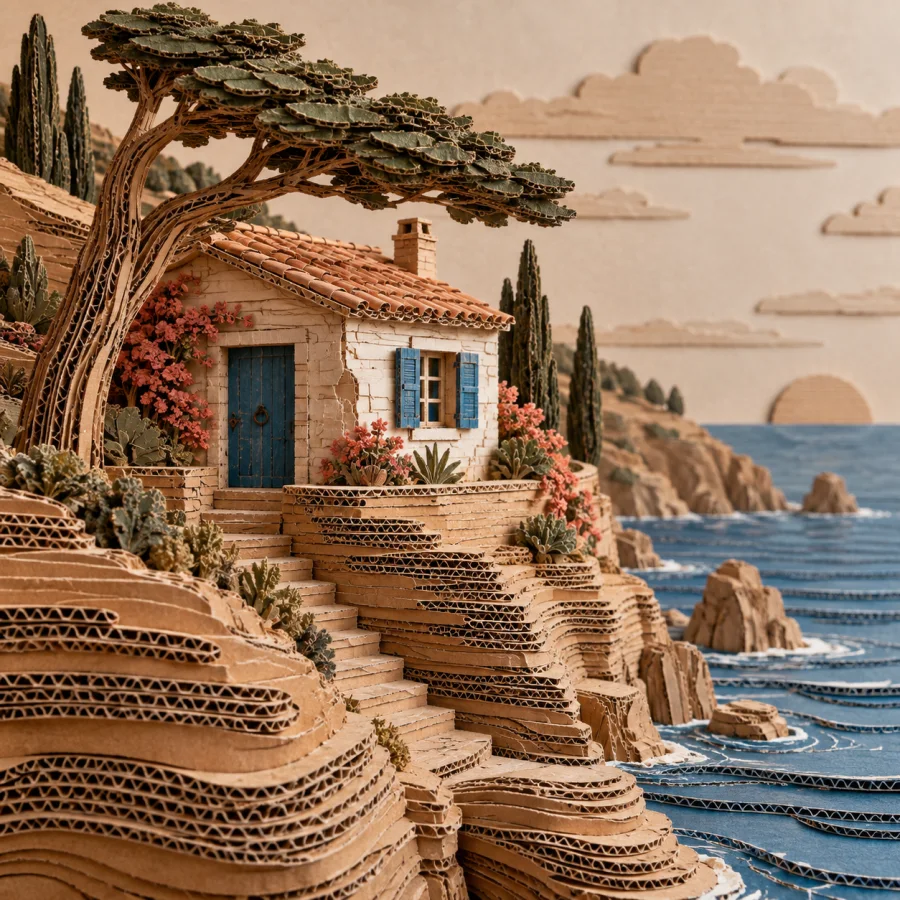 Laminated Cardboard Sculpture: Stacked corrugation forming smooth volumes