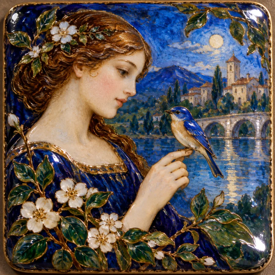 Limoges Painted Enamel: Delicate painted enamel on copper, deep luminous colors, fine highlights and glossy vitreous surfaces.