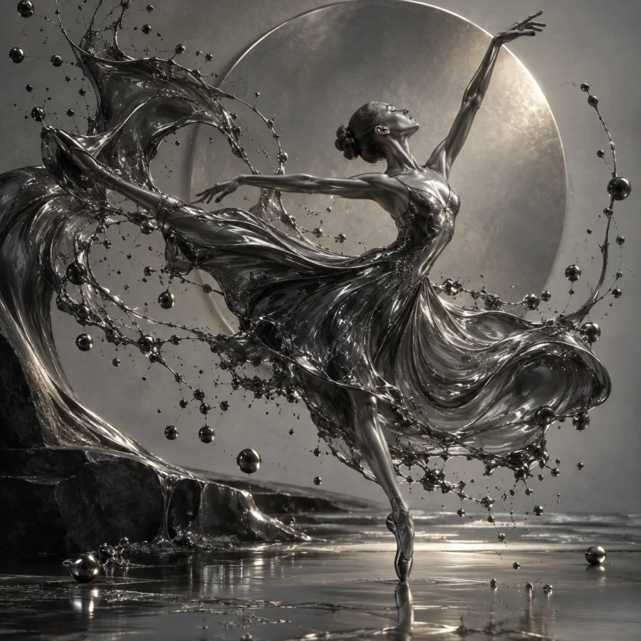 Liquid Graphite Ballet: Fluid graphite streams suspended in elegant gestures, metallic gray sheen and fine dark droplets.