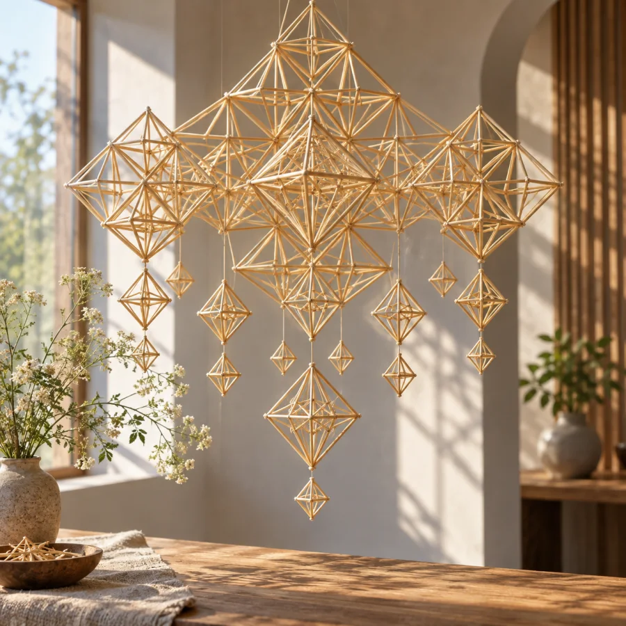 Lithuanian Straw Gardens: Delicate hollow straw rods assembled into suspended geometric lattices, pale gold lightness and precise modular symmetry.