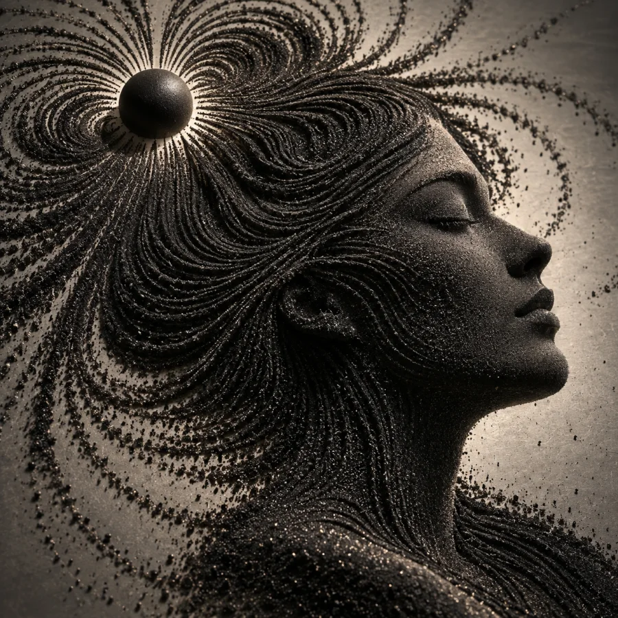 Magnetic Sand Portraiture: Fine black magnetic grains aligned into flowing ridges and field-line structures, tactile granular precision.