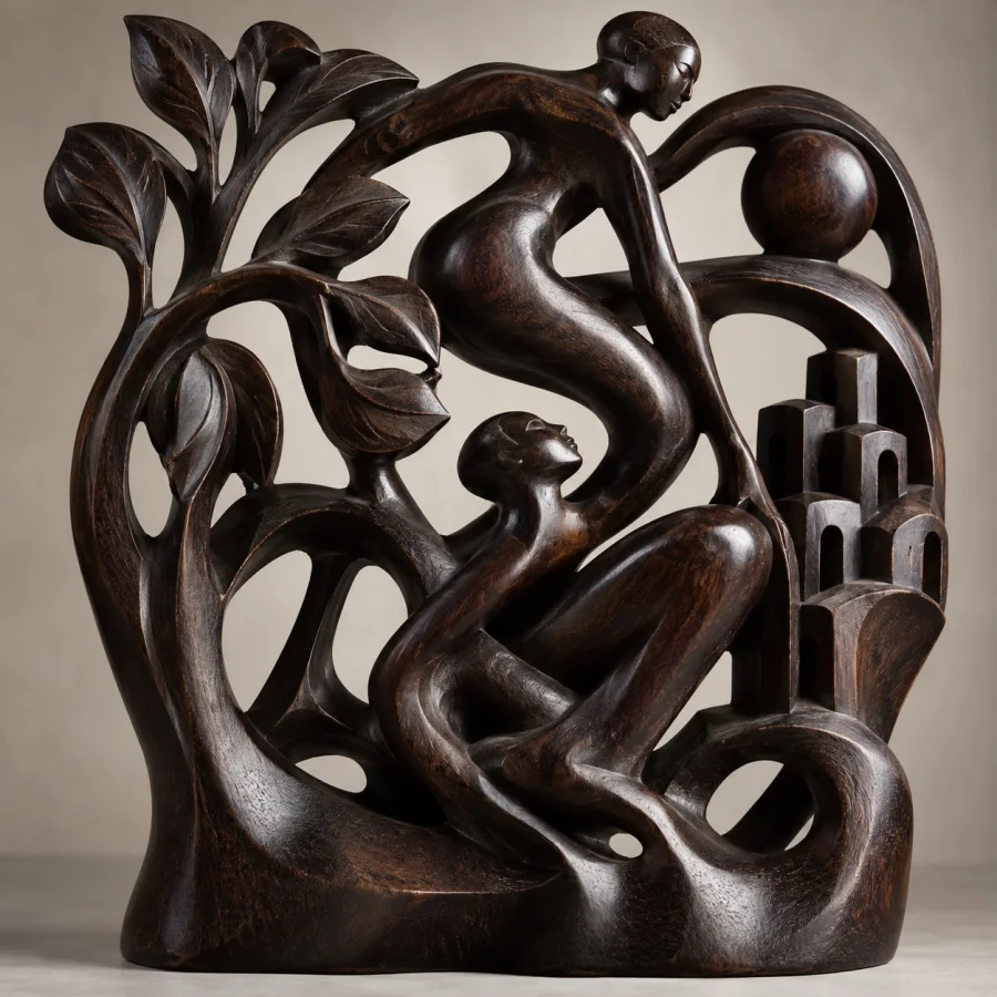 Makonde-Inspired Woodcarving: Dark polished wood, deeply undercut interconnected forms and strong alternating voids and masses, using secular invented imagery.