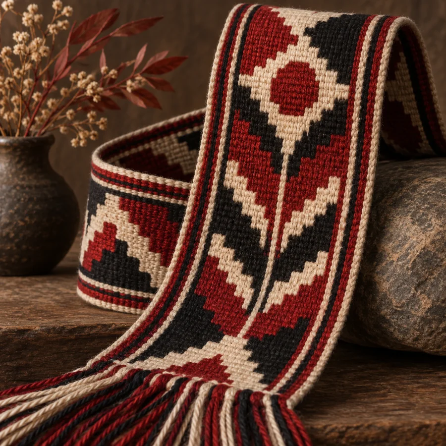 Mapuche-Inspired Woven Bands: Strong stepped geometry in tightly woven wool bands, restrained red, black and cream; invent nontraditional secular patterns.