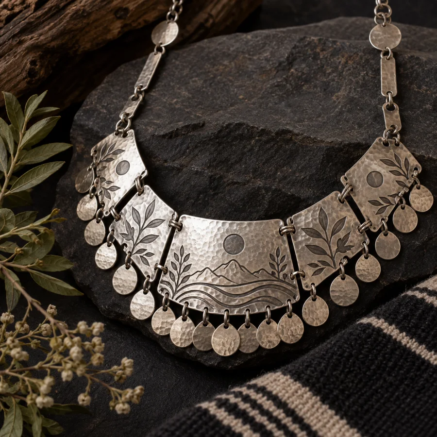 Mapuche Silverwork: Linked hammered silver plates, dangling discs, engraved linework and articulate metal movement using nonceremonial motifs.