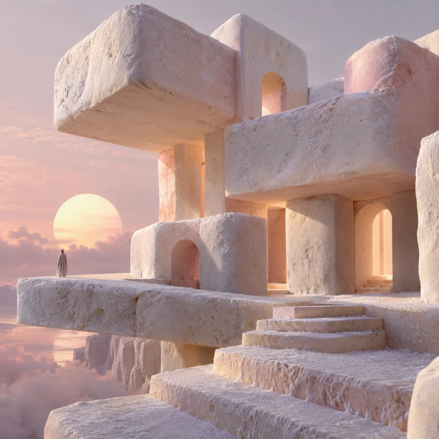 Marshmallow Brutalism: Massive blunt architectural forms made from airy confectionery foam, powdery surfaces and gently compressed corners.