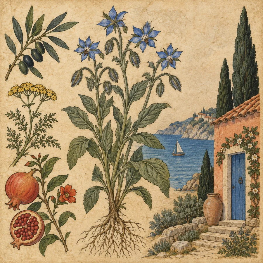 Medieval Herbal Illustration: Direct botanical forms on warm manuscript paper
