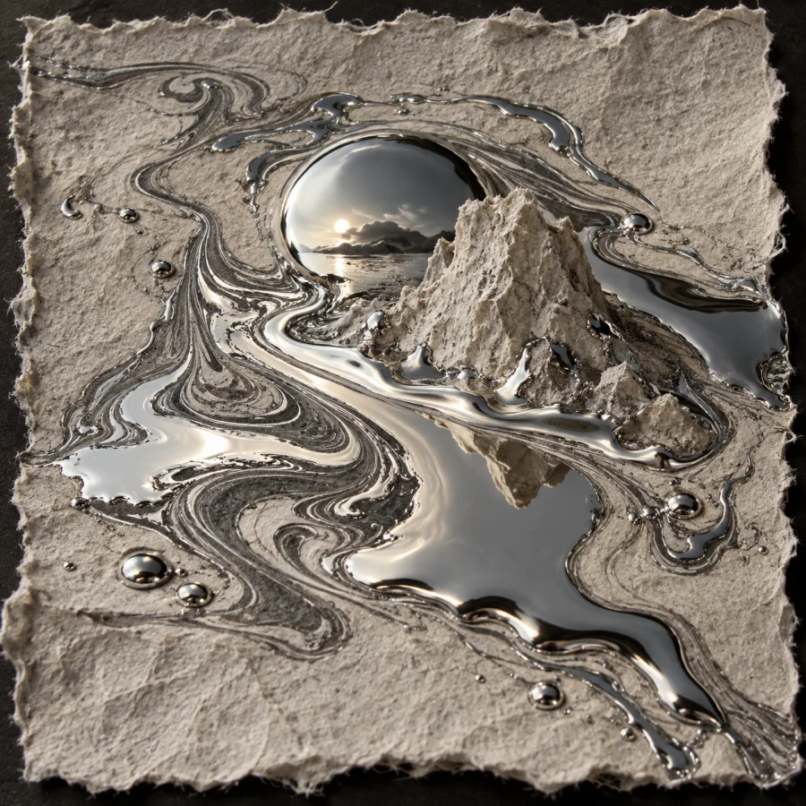 Mercury Paper Marbling: Liquid silver swirls captured on rough handmade paper, mirror-like pools against absorbent fibers.