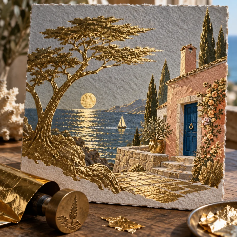 Metallic Foil Blocking: Solid reflective shapes impressed into paper