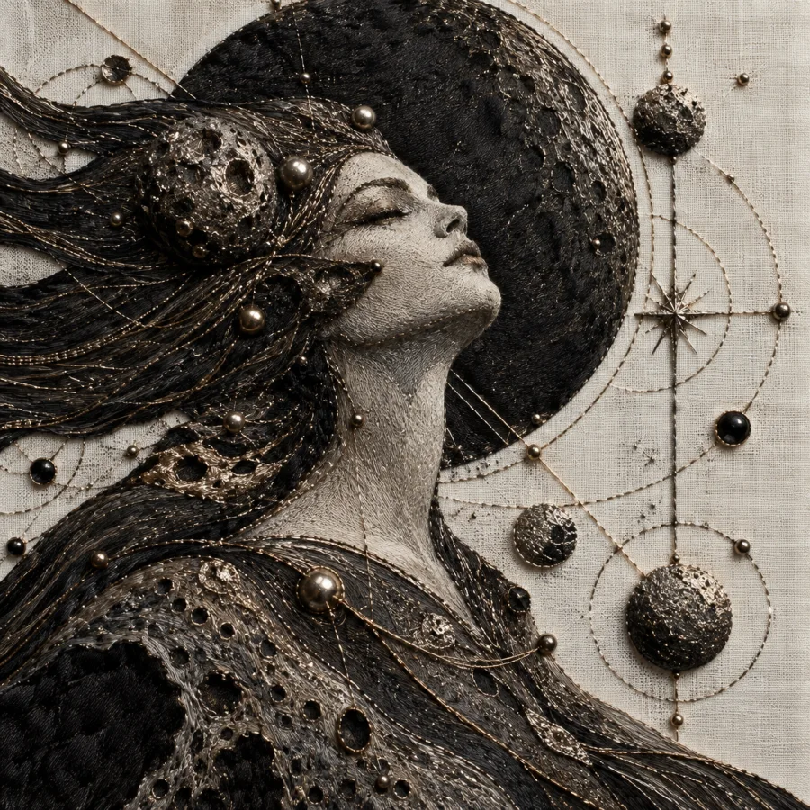 Meteorite Embroidery: Heavy dark metallic thread stitched across pale fabric with nickel glints, cratered knots and celestial geometry.