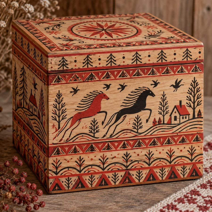 Mezen Painting: Restrained red-black linear ornament on warm wood, stacked bands and finely repeated geometric marks.