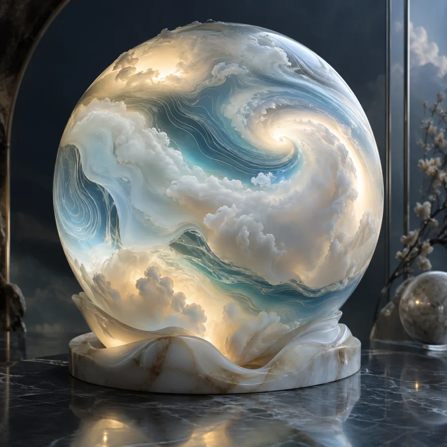 Milk-Glass Weather Map: Cloudlike opal glass layers forming abstract meteorological flows, soft internal light and cool contour bands.