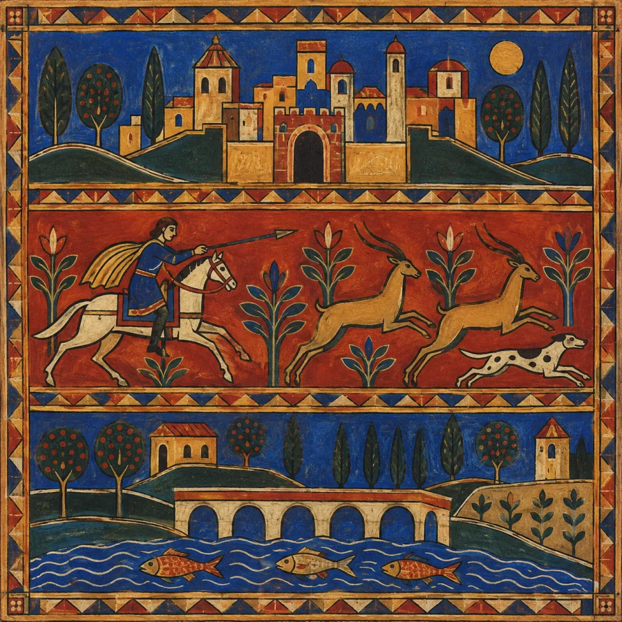 Mozarabic Manuscript Painting: Intense flat color bands, angular schematic forms, bold outlines and rhythmically stacked spatial registers.