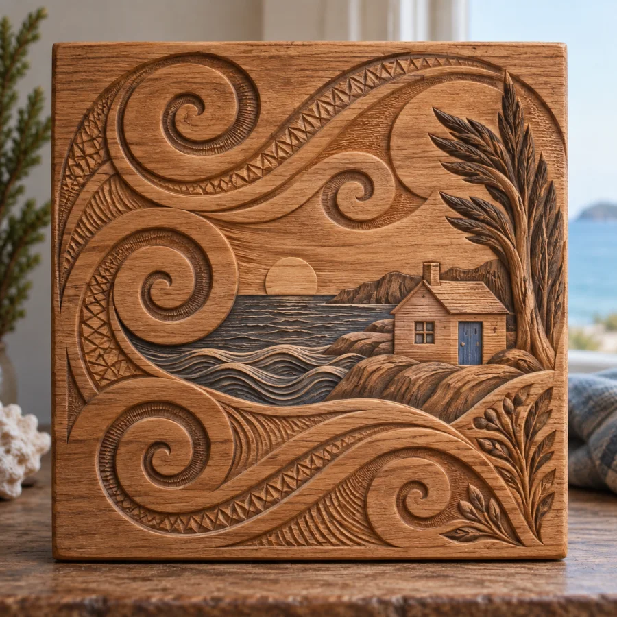 Nibutani-Ita-Inspired Woodcarving: Flowing carved ornament on a wooden tray