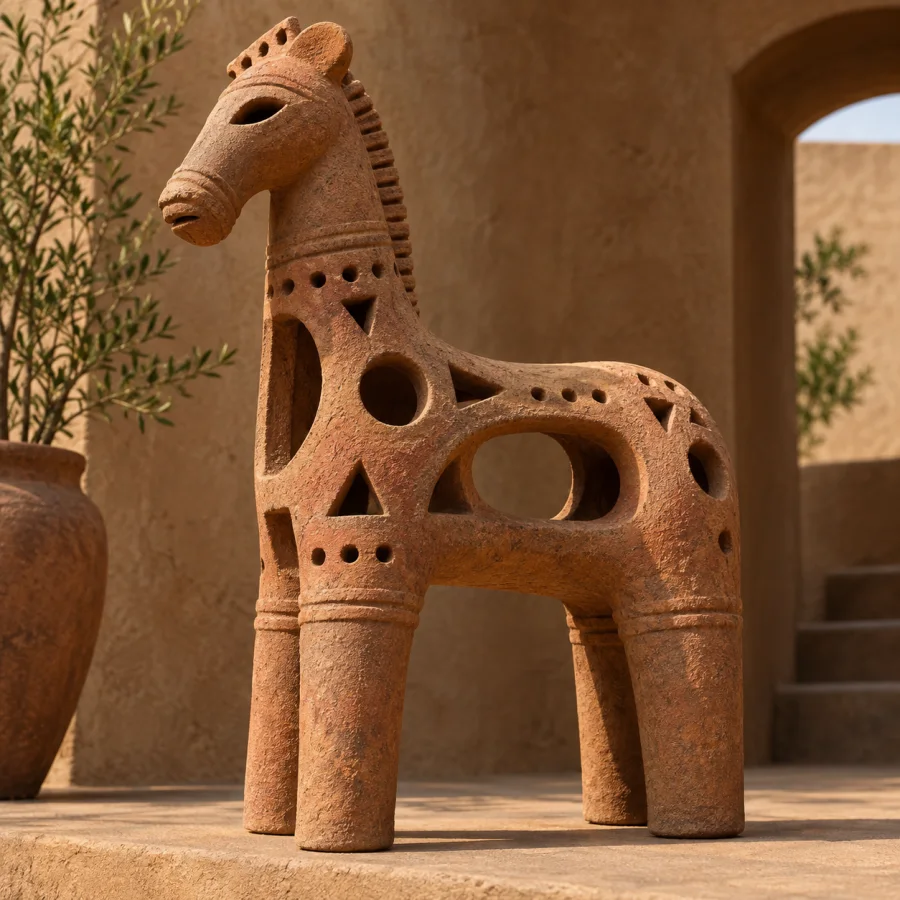 Nok-Inspired Terracotta Form: Hollow terracotta sculpture with bold geometric simplification, pierced details and rough warm mineral surfaces.