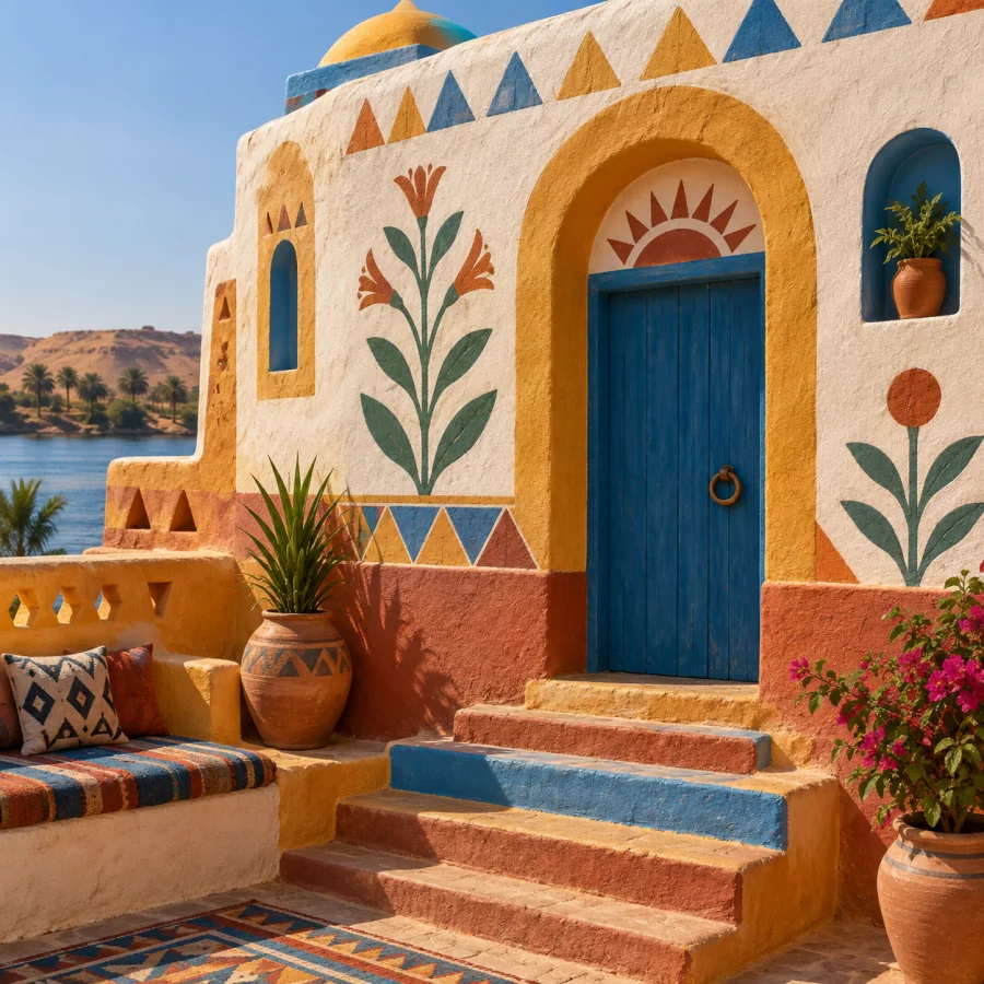 Nubian House Painting: Bright painted plaster facades with earthy geometric bands, stylized plants and welcoming architectural color.