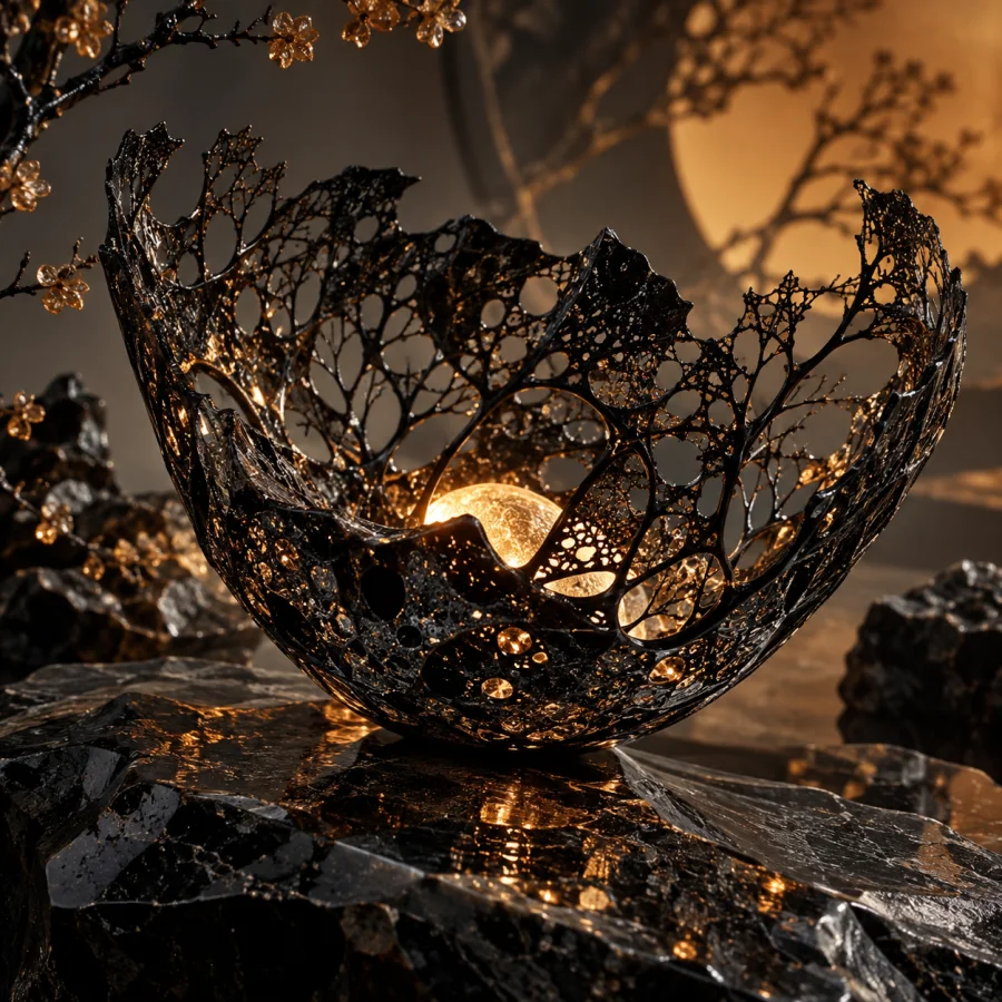 Obsidian Lacework: Fragile perforated black volcanic glass, razor-thin branching patterns and warm reflected sparks.
