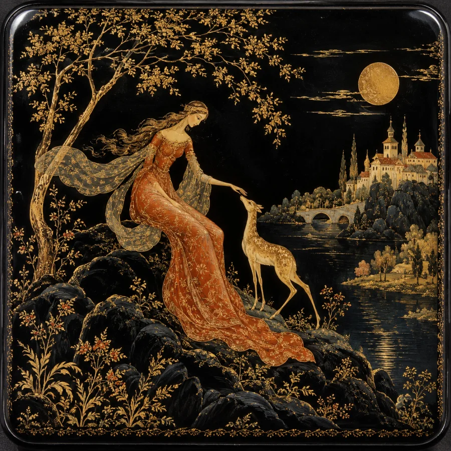 Palekh-Inspired Lacquer Painting: Miniature gold tracery and elongated narrative forms floating over polished black lacquer.