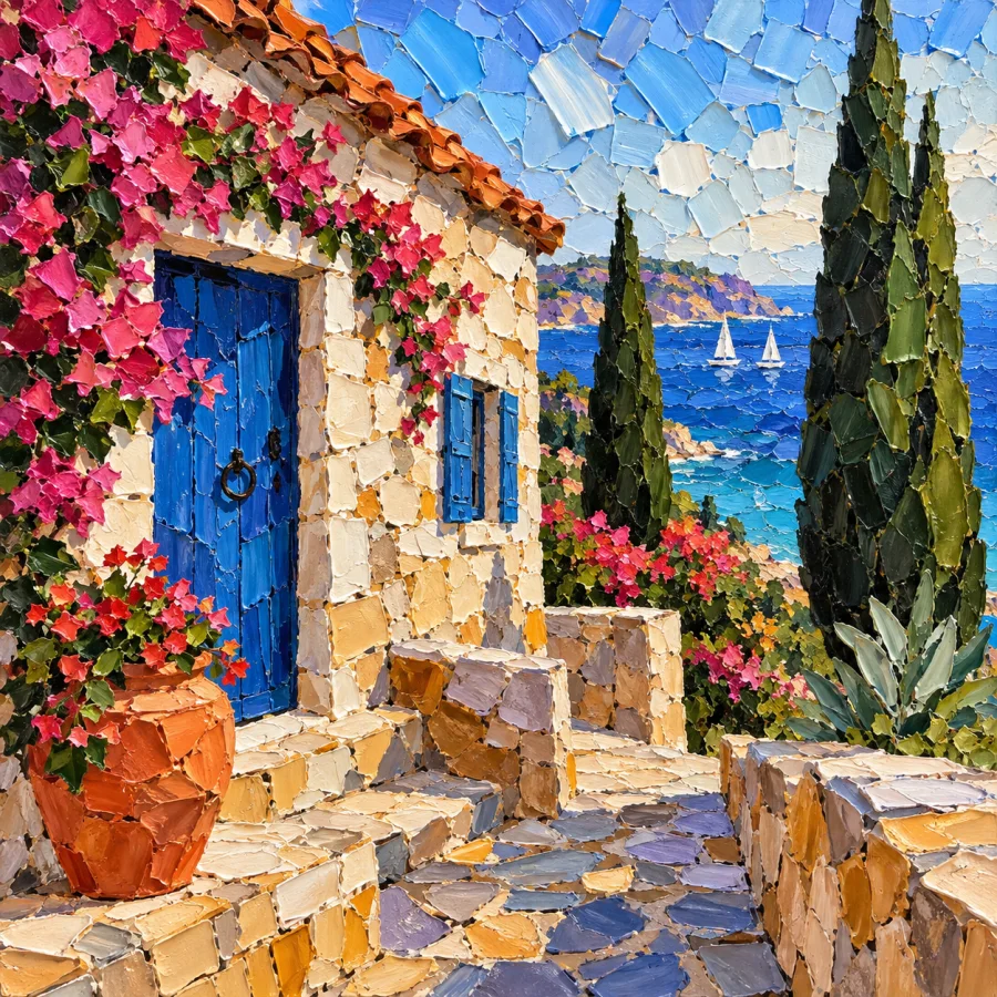 Palette-Knife Mosaic Painting: Thick angular strokes with crisp broken edges