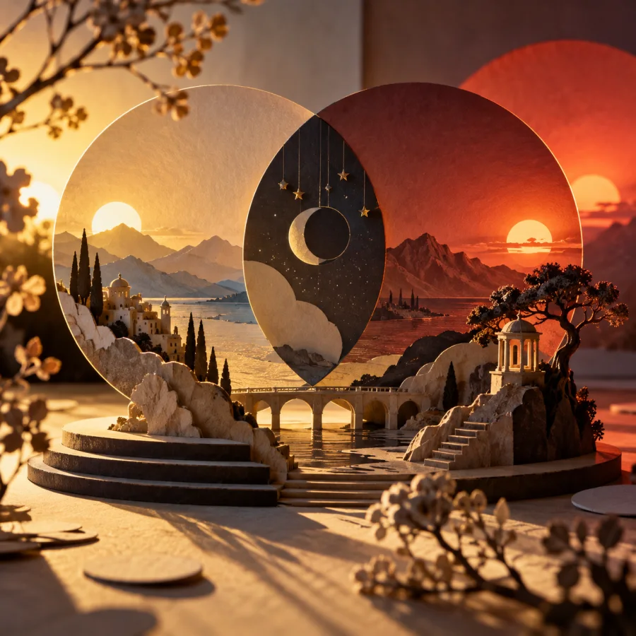 Paper Equinox Theater: Overlapping cut-paper discs and miniature scenery lit by two opposing sunrise and sunset lights, long delicate shadows and glowing rims.