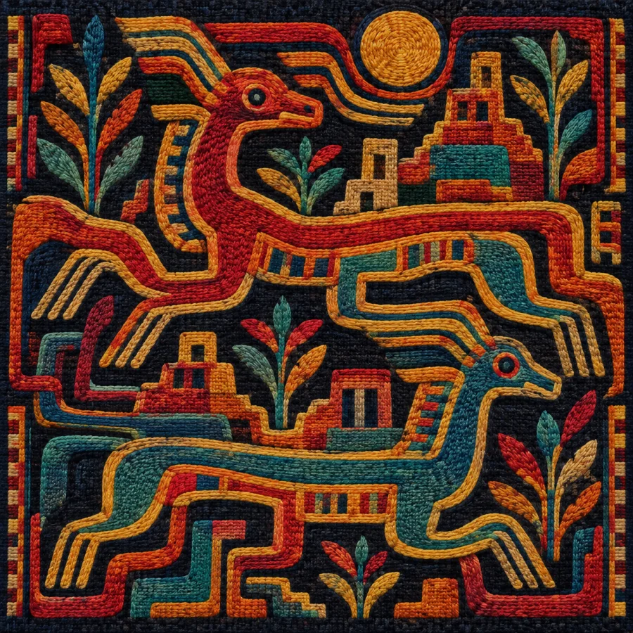 Paracas-Inspired Embroidery: Dense wool stitches, saturated contrasting colors and intricate interlocking linear figures using newly invented secular motifs.