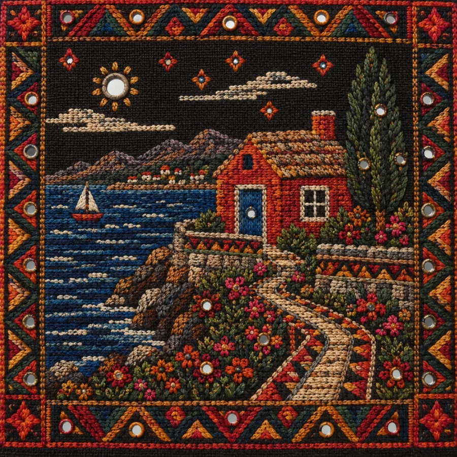 Pashtun Embroidery: Bold geometric bands and mirrored accents