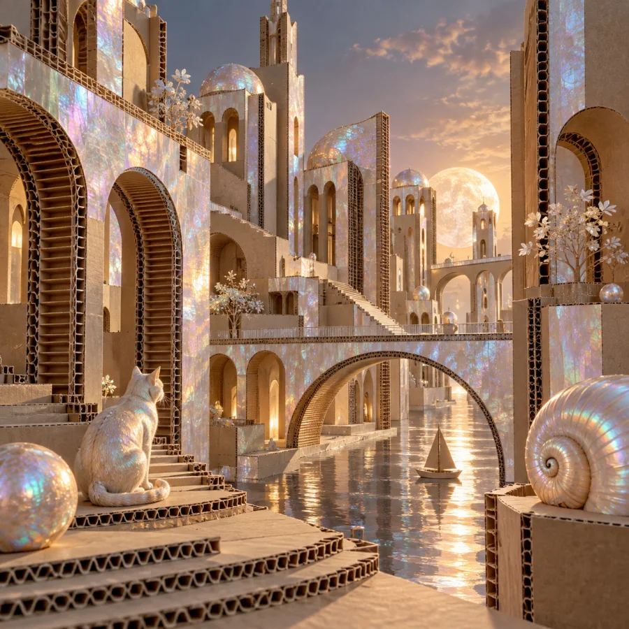 Pearlescent Cardboard City: Corrugated cardboard architecture with nacre-like coatings, exposed fluted edges and soft rainbow luster.