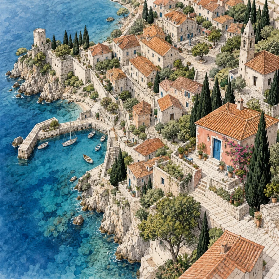 Perspectival City Map: An entire place seen as a detailed drawn model
