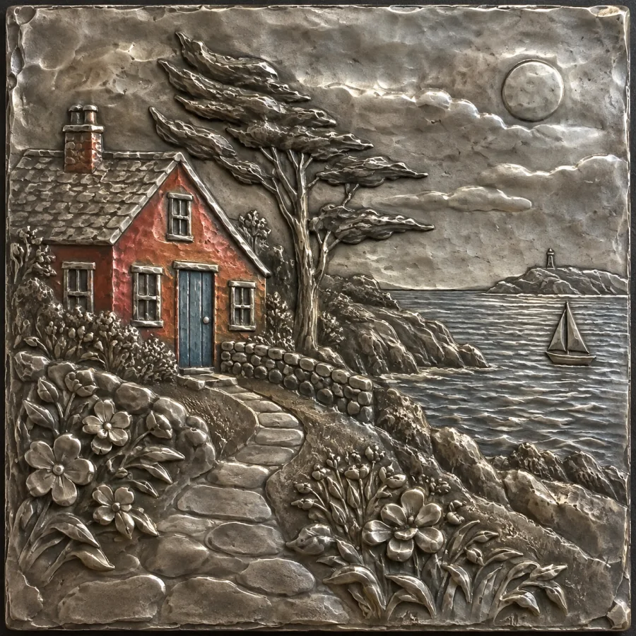 Pewter Repousse Relief: Soft silver-gray metal shaped by hand