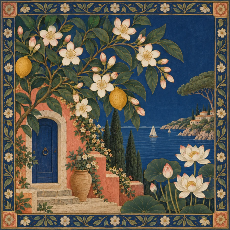 Pichwai-Inspired Botanical Painting: Lotus-like forms in a rich painted textile field