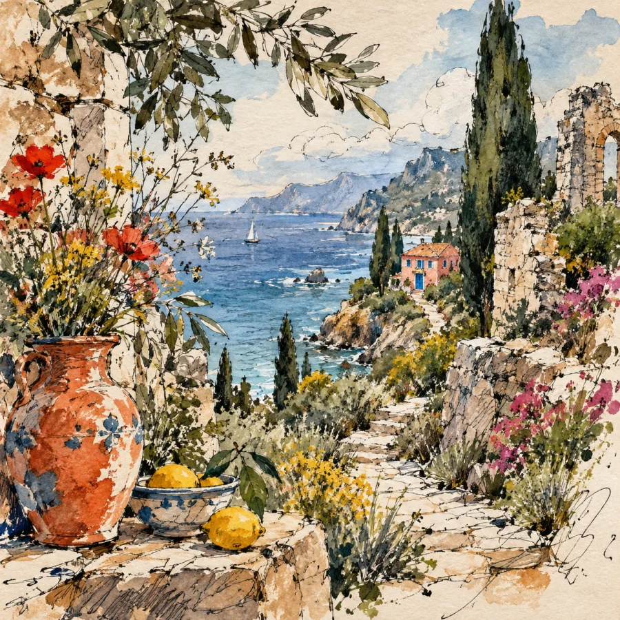 Picturesque Travel Sketch: Irregular scenery in a loose sketchbook view